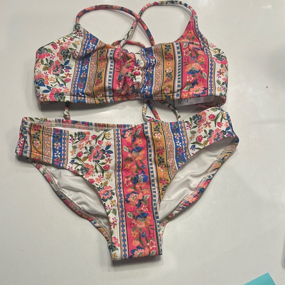 Girls Floral Striped Bikini Set
